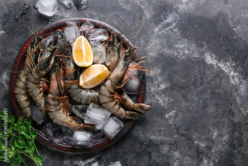 Plate with fresh raw shrimp...