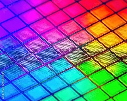 화려한 무지개 색상의 빛을 반사하는 실리콘 웨이퍼 위의 정밀한 마이크로칩 그리드 패턴을 촬영한 매크로 이미지로 현대 반도체 제조 공정과 혁신적인 나노 테크놀로지 및 디지털 하드웨어 기술의 정수를 보여줍니다.