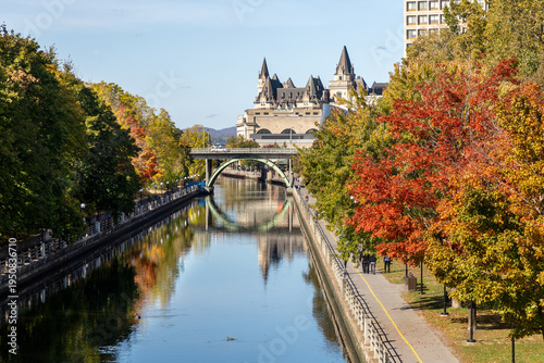 Rideau Canal view with Fairmont Chateau Laurier. Autumn landscape with historic architecture