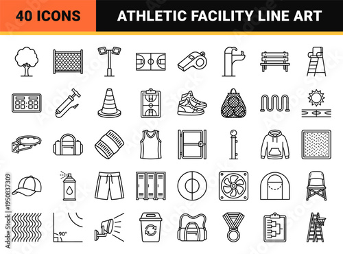 Outdoor Basketball Court and Urban Streetball Infrastructure Line Art Symbols featuring Technical Monoline Geometry and Minimalist Athletic Style.