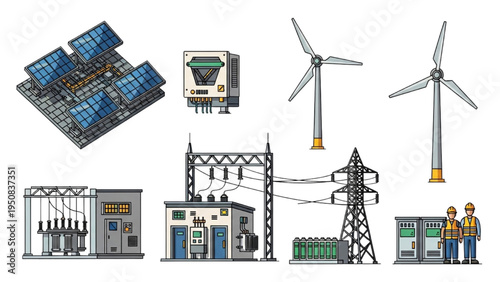 Elements of sustainable electricity production and distribution grid system components illustration