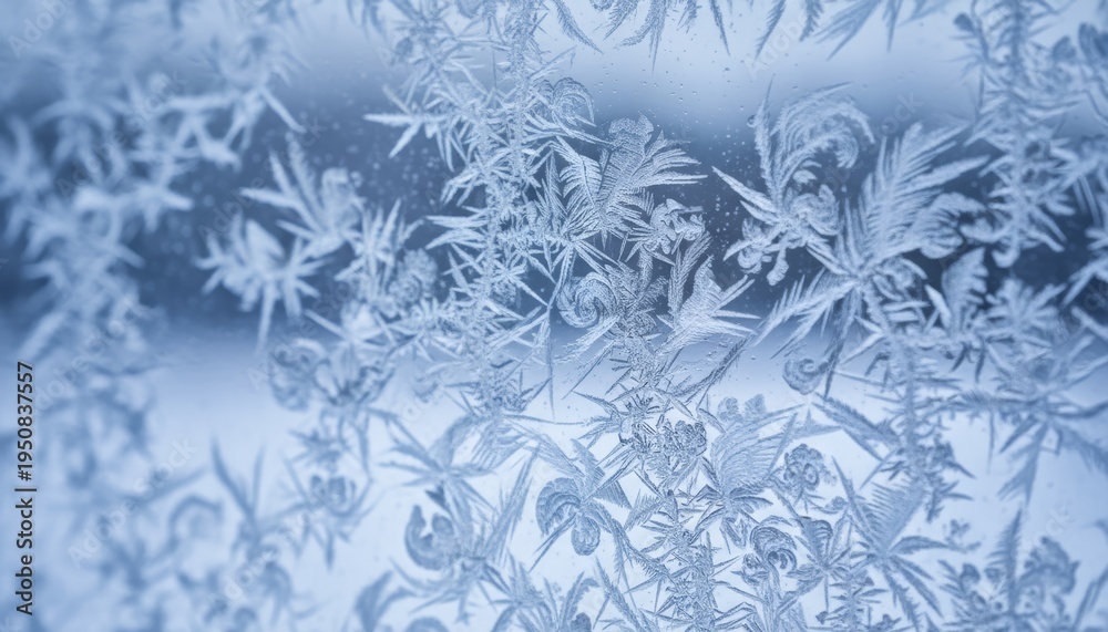 Obraz premium Intricate Frost Patterns On A Glass Windowpane Capturing The Essence Of Winter With A Cold Blue Background