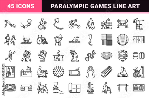 Adaptive Sports and Paralympic Games Monoline Symbol Set Featuring Wheelchair Racing Athletics and Disability Fitness Equipment Outlines