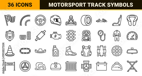 Go-Kart Racing Linear Symbols Featuring Competitive Karting Equipment and Motorsport Track Elements in Professional Monoline Aesthetic