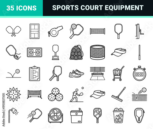 Pickleball Sports Equipment and Court Gameplay Symbols Featuring Minimalist Monoline Paddles Balls and Tournament Essentials in Clean Line Art