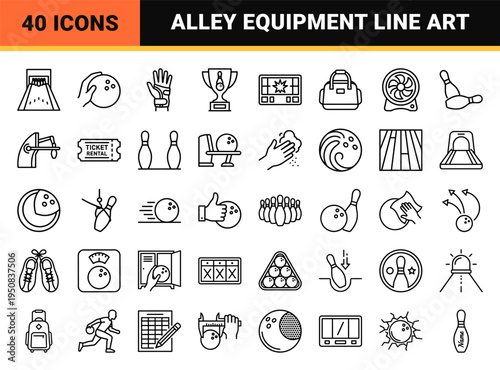 Ten-Pin Bowling Monoline Symbols for Sports Apps and Tournament Signage Featuring Minimalist Ball and Pin Geometry and Player Hand Grips