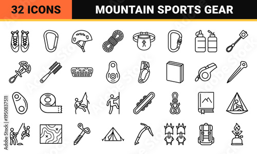 Rock Climbing and Mountaineering Technical Monoline Outline Symbols for Outdoor Adventure Branding and Extreme Sports Equipment Interface Design