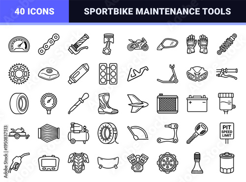 Sportbike Racing and Motorcycle Maintenance Monoline Outline Symbols; Professional 1.25pt Technical Vector Graphics for Motorsports Utility.
