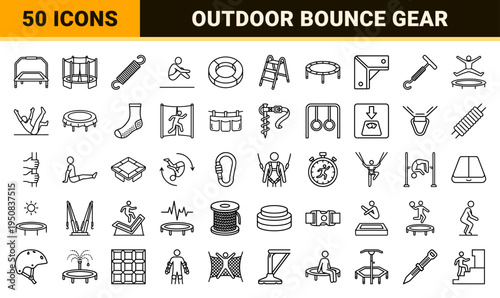 Trampoline and Bungee Jumping Outline Symbols for Fitness and Recreation, Minimalist Monoline Vector Set for Backyard Fun and Sports Gear.