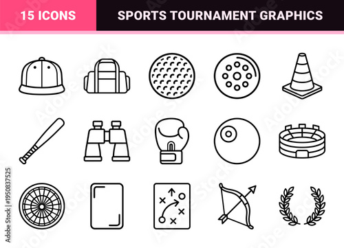 Professional Athletic Tournament Rewards and Sporting Equipment Monoline Outline Symbols Featuring Minimalist Soccer Trophies and League Badges