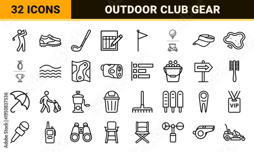 Professional Golf Tournament and Country Club Sports Equipment Monoline Icons Featuring Minimalist Outdoor Recreation Symbols and Player Gear