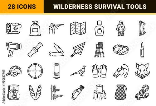 Wilderness Tracking and Hunting Equipment Technical Monoline Icons. Professional Outdoor Survival Gear and Wildlife Management Outline Symbols.