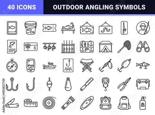 Professional Angling and Fishing Equipment Outline Symbols in Monoline Aesthetic for Commercial Outdoor Recreation and Sport Fishing Design
