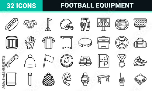 American Football and Gameday Stadium Culture Monoline Outline Icons featuring Technical Equipment Gear and Sports Fan Essentials in Sleek Minimalism