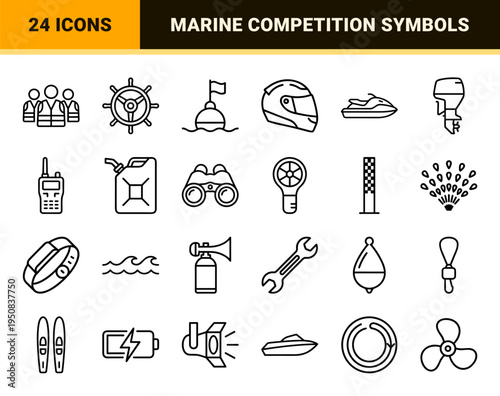 Marine Jet Ski Racing and Water Sports Tournament Monoline Icons featuring Minimalist Technical Outlines for Nautical Competition Management