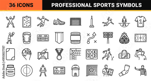 Competitive Team Handball Equipment and Athlete Maneuvers Neo-Line Art. Technical Monoline Symbols for Sports Analytics and Coaching Playbooks.