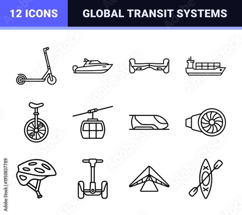 Logistics and Mobility Monoline Symbols for Global Transport Infrastructure Featuring Minimalist Outline Vehicles and Transit Engineering Elements