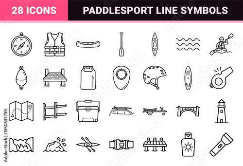 Paddlesport and Lake Recreation Monoline Symbols Featuring Kayak Canoe and Oar Graphics in Technical Minimalist Vector Outline Aesthetic