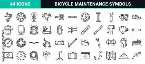 Professional Cycling Equipment and Bike Maintenance Monoline Symbols Featuring Technical Outline Geometry for Mountain Biking and Road Racing.