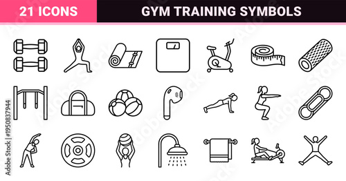 Women Fitness and Gym Training Line Art Symbols with Minimalist Monoline Aesthetic for Health Apps and Workout Interfaces