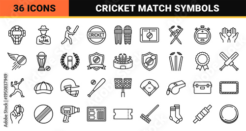 Professional Cricket and Baseball Equipment Monoline Symbols for Sports Analytics and League Branding Technical Outline Graphics