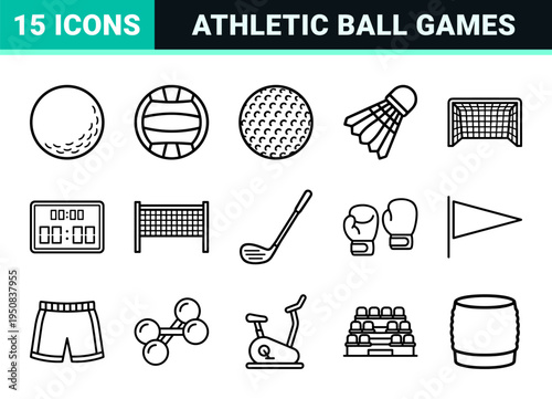 Professional Minimalist Sports Equipment Line Art Symbols Featuring Clean Vector Outlines for Athletic Training and Global Ball Games.