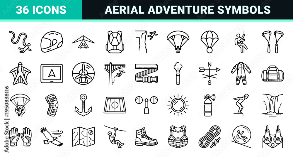 Obraz premium Extreme Aerial Sports and Skydiving Minimalist Monoline Symbols for Adventure Tourism and Outdoor Recreation Branding