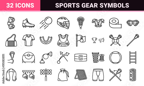 Professional Lacrosse Equipment and Field Tactics Monoline Symbols featuring Minimalist Athletic Gear and Gameplay Strategy Outline Art