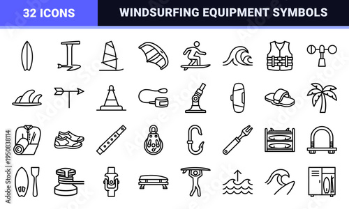 Windsurfing and Boardsports Technical Monoline Symbols for Marine Athletics Navigation and Equipment Inventory Management
