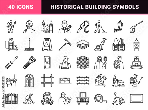 Urban Maintenance and Historical Architecture Monoline Symbols Featuring Technicians, Specialized Cleaning Equipment, and Landmark Buildings