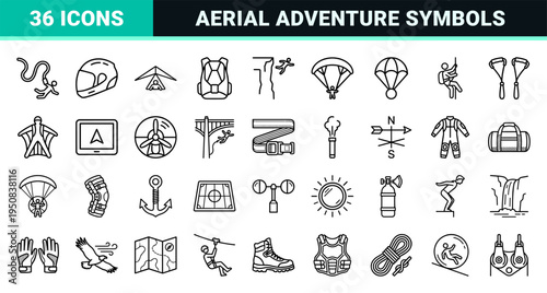 Extreme Aerial Sports and Skydiving Minimalist Monoline Symbols for Adventure Tourism and Outdoor Recreation Branding