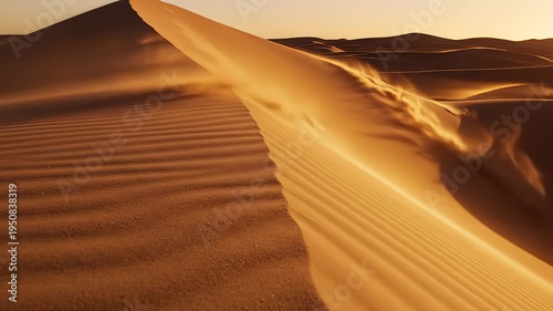 Golden Desert Dunes Swept By Wind At Sunset