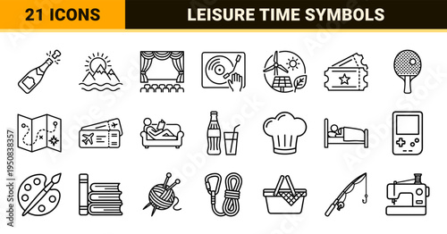 Minimalist Monoline Hobby and Lifestyle Activities Symbols for UI Design Featuring Clean Black Outlines and Uniform Line Weight Stroke