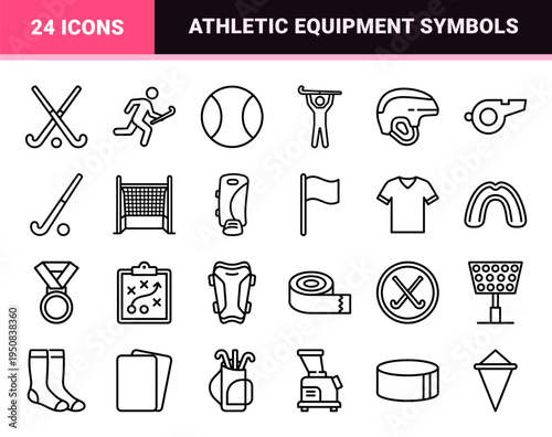 Professional Hurling and Field Hockey Equipment Line Symbols Featuring Minimalist Monoline Aesthetics for Technical Sports Graphics