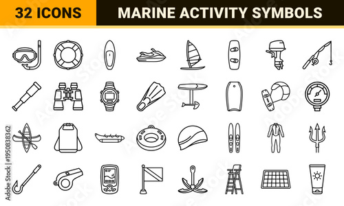 Water Sports and Coastal Recreation Equipment Line Icons Featuring Minimalist Monoline Aesthetic for Nautical Activities and Summer Tourism