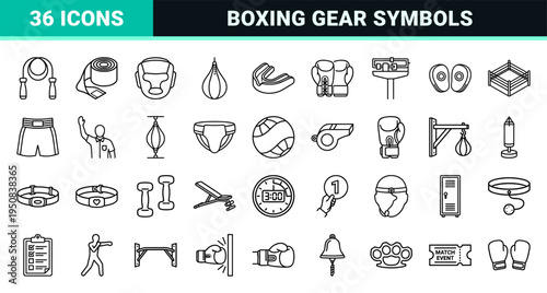 Combat Sports Equipment and Boxing Training Monoline Symbols featuring Minimalist Uniform Line Weight Outlines for Athletic Branding