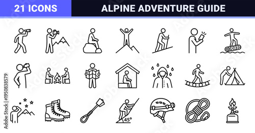 High Altitude Mountaineering and Alpine Trekking Symbols in Minimalist Monoline Aesthetic for Outdoor Adventure Navigation and Map Interface