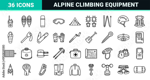 Extreme Winter Mountaineering and Alpine Expedition Equipment Monoline Outlines for Technical Outdoor Sports and Cold Weather Activity Design