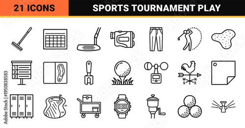 Professional Golf Equipment and Tournament Outline Symbols featuring Sleek Monoline Aesthetic for Country Club and Sports App Interfaces