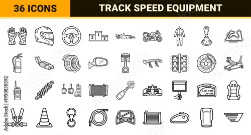 Professional Motorsports and Racing Competition Monoline Symbols Featuring High-Performance Vehicles Speed Equipment and Track Essentials