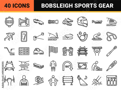 Professional Bobsleigh and Skeleton Racing Line Art Symbols featuring Aerodynamic Sleds Athlete Gear and Winter Sports Track Equipment