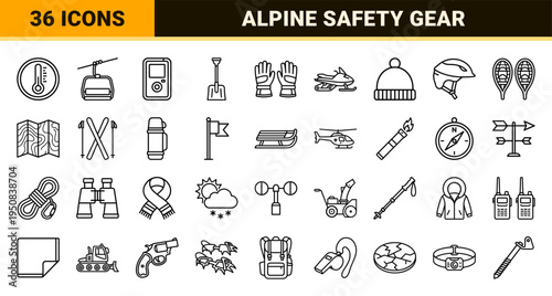 Winter Sports and Alpine Safety Equipment Monoline Outline Symbols Featuring Skiing Snowboarding and Mountain Rescue Gear in Technical Neo-Line Style