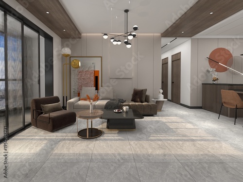 Valokuva contemporary living room with a large window and an expansive table, enhancing the room's openness and light
