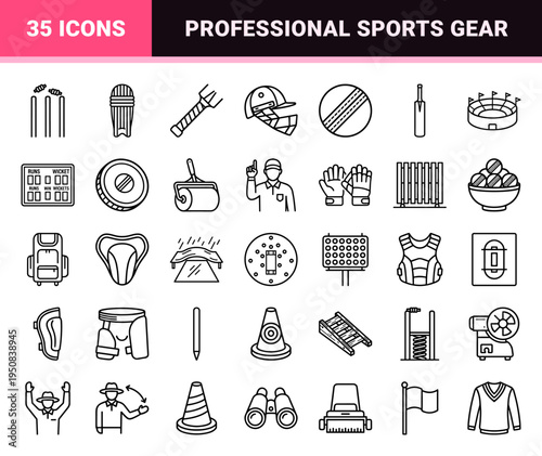 Professional Cricket Equipment Monoline Icons Featuring Batting Gear Stumps and Pitch Maintenance Tools in Minimalist Vector Outline Aesthetic
