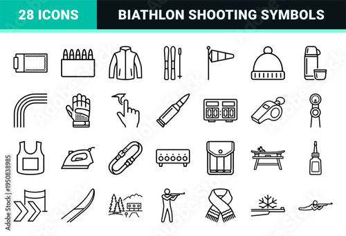 Biathlon and Winter Sports Competition Monoline Symbols Featuring Precision Shooting Targets Rifles Cross Country Skis and Seasonal Athletics