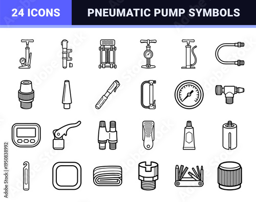 Pneumatic Inflation Tools Technical Monoline Icon Set featuring Floor Pumps Hand Accessories and Tire Maintenance Equipment in Sleek Vector Art