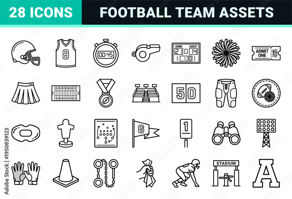 Naklejka premium American Football and Cheerleading Technical Monoline Outline Symbols for Sports Branding and Digital UI Interface Design Applications