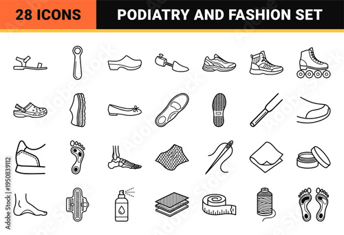 Footwear Manufacturing and Podiatry Monoline Symbol Set featuring Technical Shoe Anatomy, Orthopedic Care, and Retail Fashion Outline Graphics.