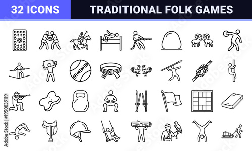 Uzbek Traditional Sports and Cultural Games Monoline Outline Symbols Featuring Wrestling Martial Arts Equestrian Activities and Folk Competitions