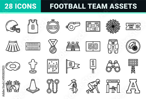 American Football and Cheerleading Technical Monoline Outline Symbols for Sports Branding and Digital UI Interface Design Applications